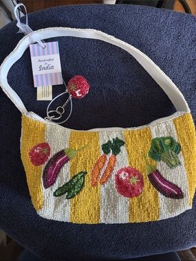 From India To You Yellow & White Beaded Vegetable Shoulder Bag NWT